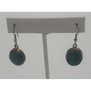 Vintage sterling silver 925‎ green oval malachite dangle pierced earrings